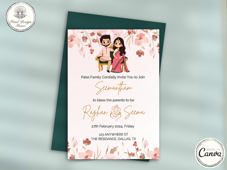 Pink Sreemantham Invite Digital Template, Editable Indian Baby Shower Invite, Digital Seemantham Invitation, Valaikappu, Godh Bharai Card