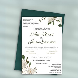May include: Wedding invitation with the text "Nuestra Boda" featuring the names Ana Hores and Juan Sánchez. The invitation includes floral accents and event details, set against a dark green background.