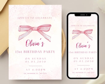 13th Birthday invitation, 13th Birthday Invitation Template for Girl, Digital 13 Birthday Party Invitation Card, Thirteen Birthday Invite
