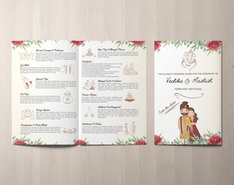 Può includere: Brochure guida al matrimonio con bordo floreale e illustrazioni. La copertina presenta una coppia di cartoni animati e il testo "THE GUJARATI WEDDING GUIDE FOR THE CEREMONY OF Vedika & Aashish FEBRUARY 28TH, 2024". All'interno, descrive i rituali del matrimonio.