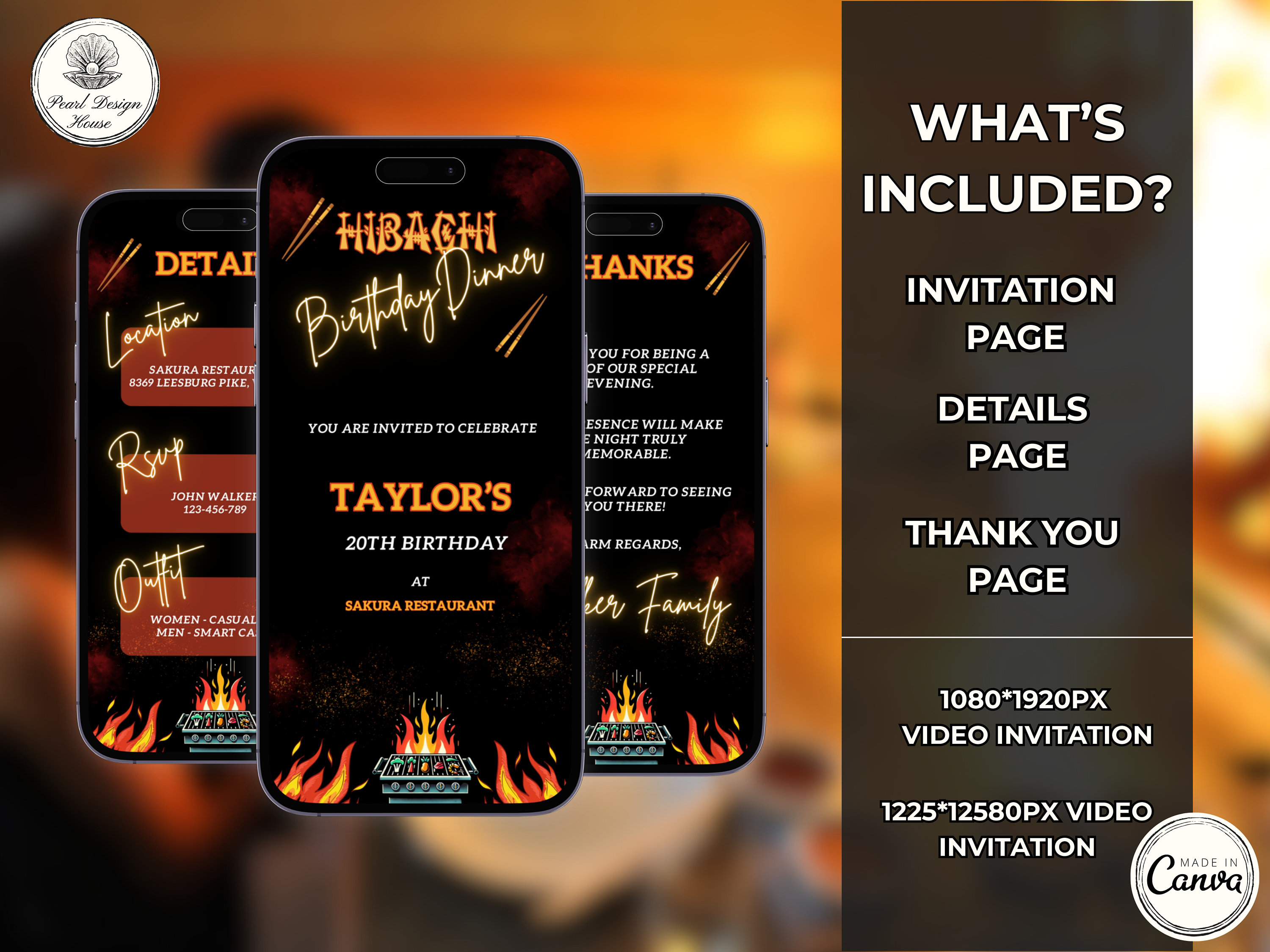 Video di invito Hibachi digitale, invito alla cena di compleanno Hibachi mobile, invito alla festa Hibachi, modello di invito Habachi giapponese
