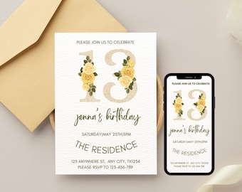 13th Birthday invitation, 13th Birthday Invitation Template for Girl, Digital 13 Birthday Party Invitation Card, Thirteen Birthday Invite