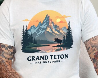 Grand Teton National Park T Shirt Sunset Mountain Moose Graphic Tee Adventure Gift Hiking Nature Lovers