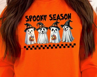Spooky Season Halloween Tshirt Chiens fantômes mignons avec chapeaux de sorcière T-shirt graphique Vêtements d'Halloween amusants