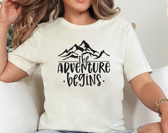 Camiseta gráfica de montaña "Aventura comienza", camiseta unisex de explorador