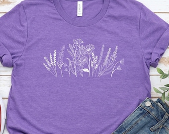 Floral Line Art T-Shirt, Elegant Botanical Drawing Tee, Stylish Flower Illustration Shirt, Unique Plant Art Gift
