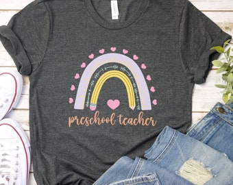 Preschool Teacher Rainbow Graphic T-Shirt, Cute Teacher Appreciation Gift Tee