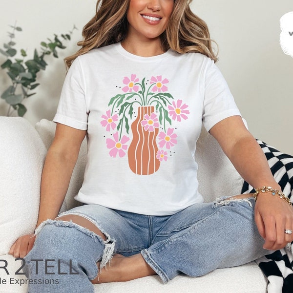 Boho Chic Floral Vase T-Shirt, Pink and White Flowers, Trendy Botanical Top, Fashionable Plant Lover Gift