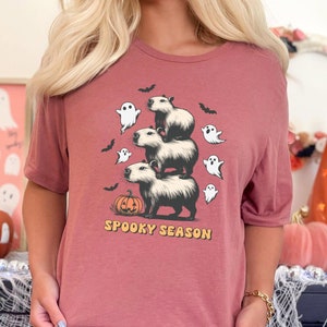 May include: Mauve-colored t-shirt with a Halloween-themed graphic. The design features a stack of capybaras, ghosts, bats, and a jack-o'-lantern, with the words "Spooky Season" below. The shirt is a relaxed fit.