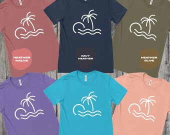 Tropical Beach Wave and Palm Tree Graphic T-Shirt, Minimalist Ocean Summer Design Tee