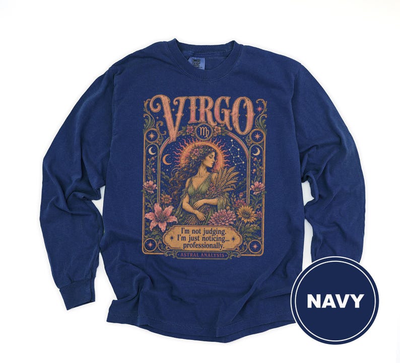 Navy long-sleeve shirt with "Virgo" and astrological art, showing a woman and text.