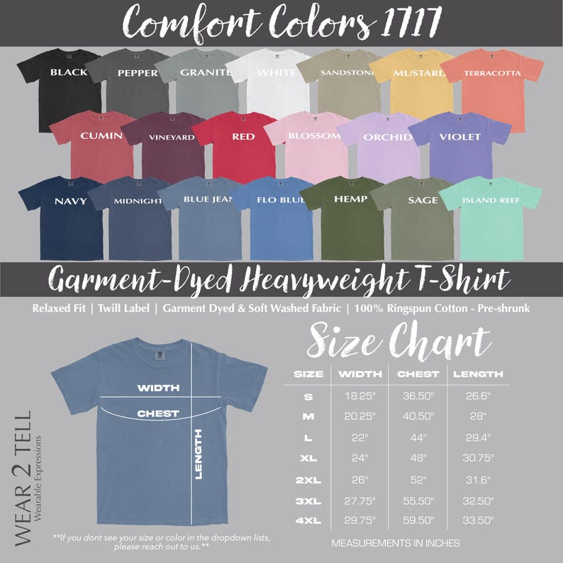Comfort Colors 1717 garment-dyed t-shirt color options and size chart.