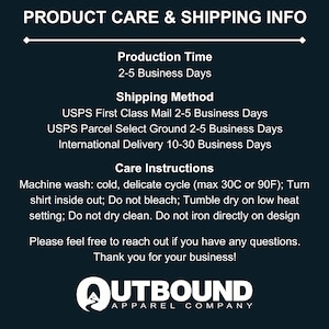 Product care and shipping information for Outbound Apparel Company.