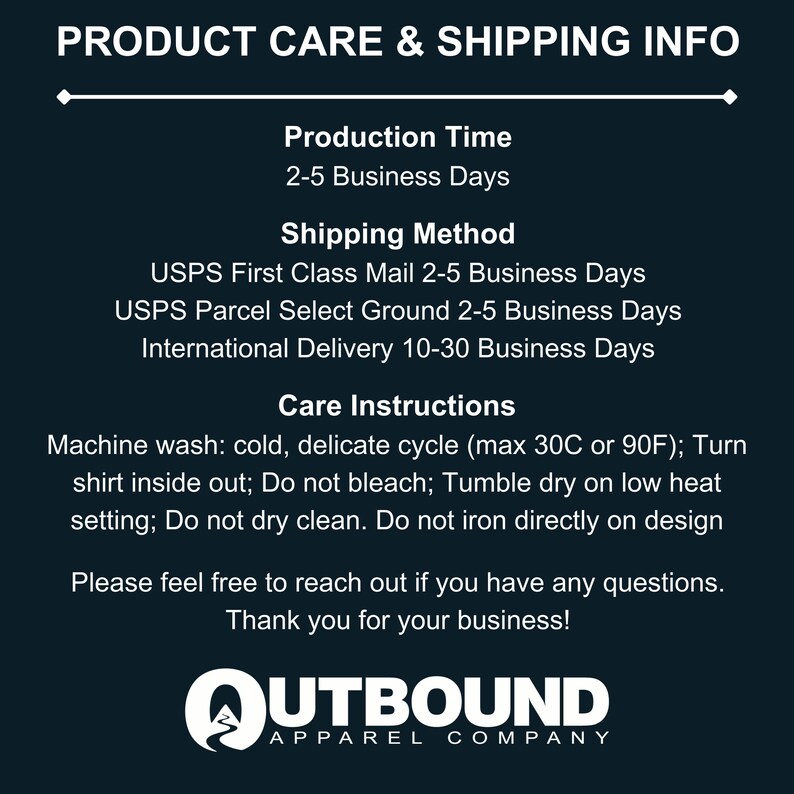 Product care and shipping information for Outbound Apparel Company.