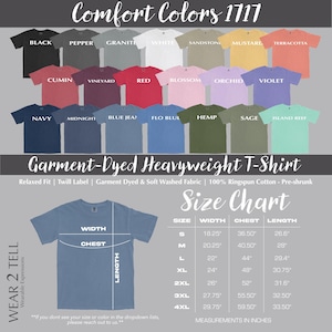 Comfort Colors 1717 t-shirt color chart and size measurements.