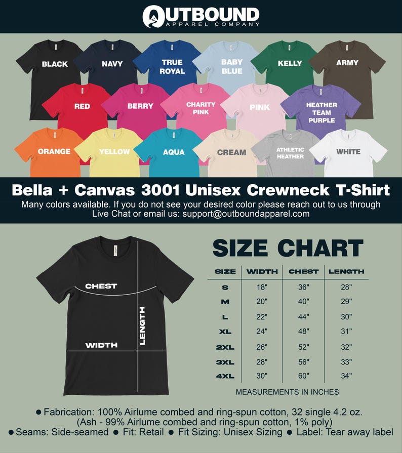 Bella + Canvas 3001 t-shirt in multiple colors with size and measurement chart.