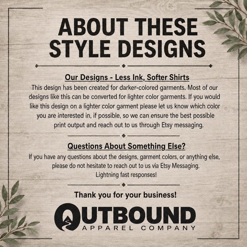 Information about Outbound Apparel Company's designs and how to contact them.