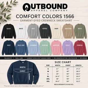 Comfort Colors 1566 garment-dyed crewneck sweatshirt color and size chart.