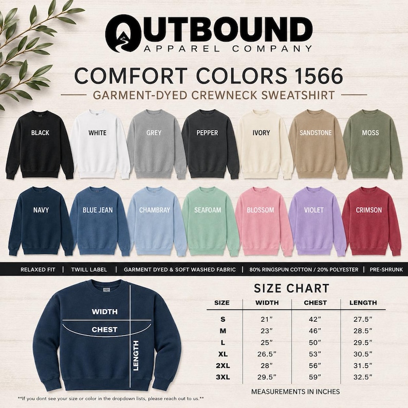 Comfort Colors 1566 garment-dyed crewneck sweatshirt color and size chart.