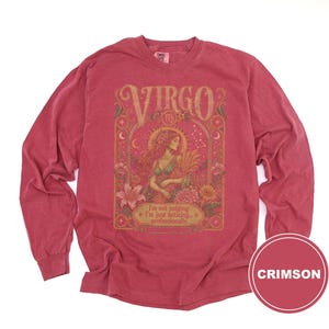 Crimson long-sleeve shirt with Virgo graphic and text "I'm not judging. I'm just noticing... professionally."