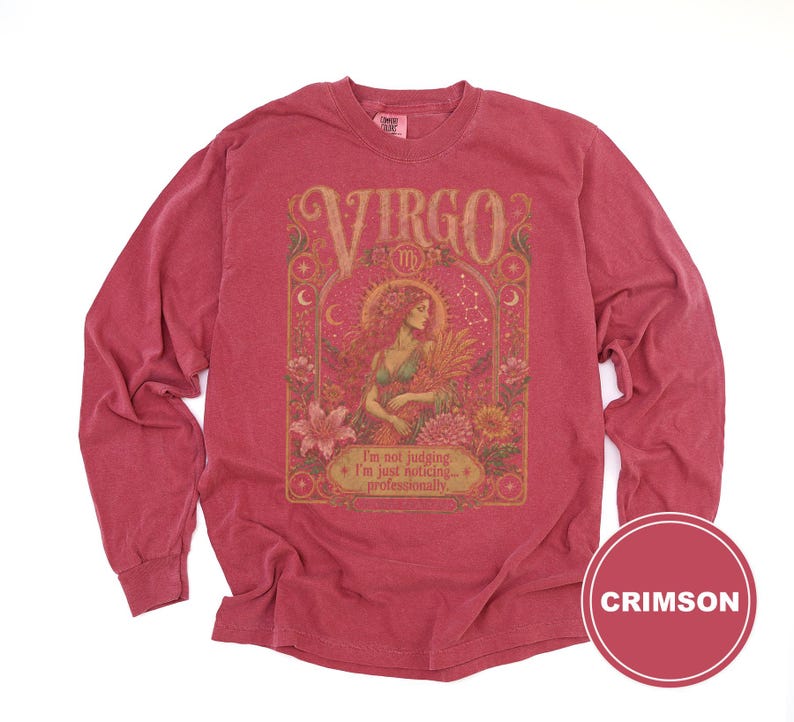 Crimson long-sleeve shirt with Virgo graphic and text "I'm not judging. I'm just noticing... professionally."