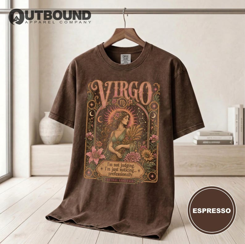 Brown t-shirt with Virgo zodiac design, featuring a woman with wheat and flowers.