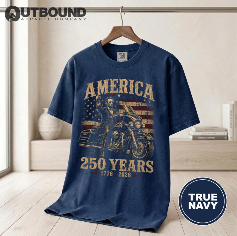 America 250 T-Shirt, Lincoln Biker Patriotic Shirt, Vintage Americana Independence Day Tee, 1776 2026 Freedom Rider Gift for Him image 2