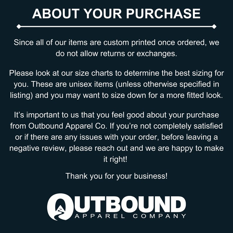 Outbound Apparel Co. logo and text about purchase policies.