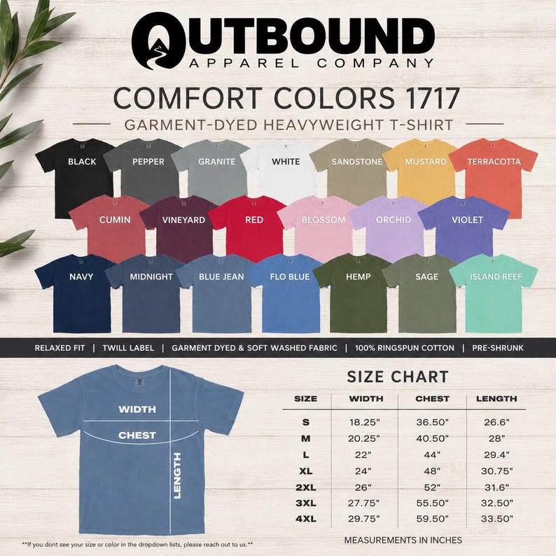 Comfort Colors 1717 t-shirt color swatches and size chart.