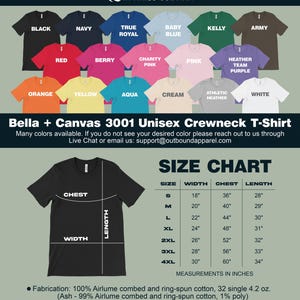 Bella + Canvas 3001 t-shirt colors, sizes, and fit chart.