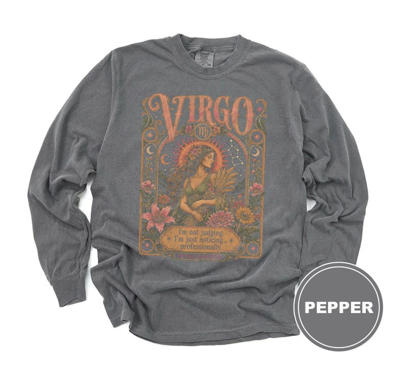 Grey long-sleeve shirt with "Virgo" zodiac graphic, a woman, and text.
