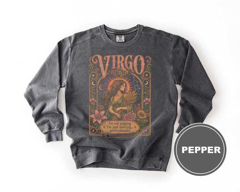 Dark gray sweatshirt with a "VIRGO" zodiac graphic featuring a woman surrounded by celestial elements.