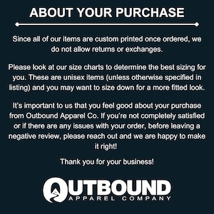 Outbound Apparel Company logo with text about returns and sizing.