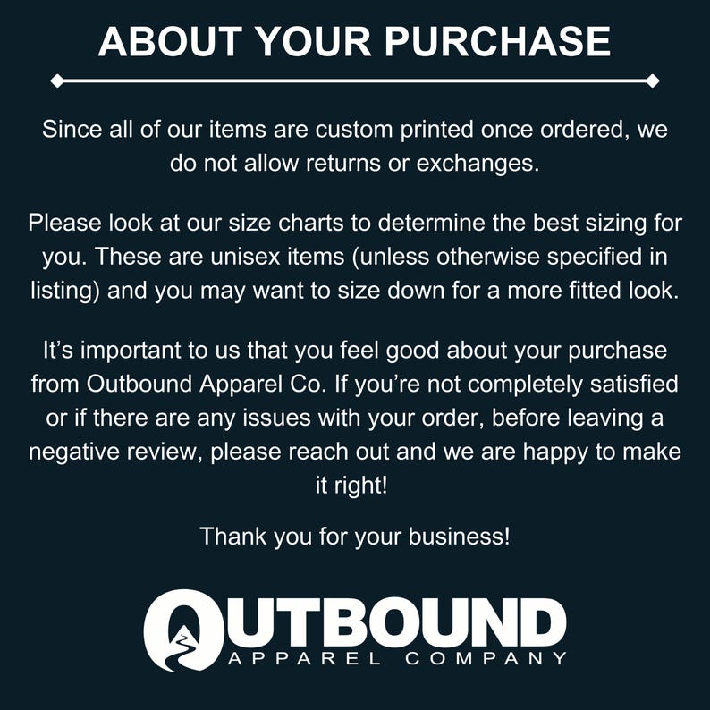 Outbound Apparel Company logo with text about returns and sizing.