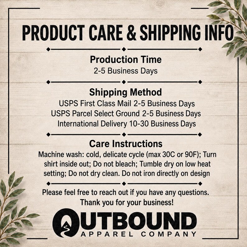 Product care and shipping information including production time, shipping methods, and care instructions.