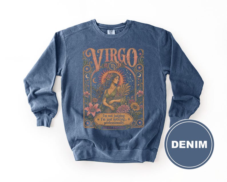 Navy blue sweatshirt with "Virgo" zodiac design and "I'm not judging. I'm just noticing..." text.