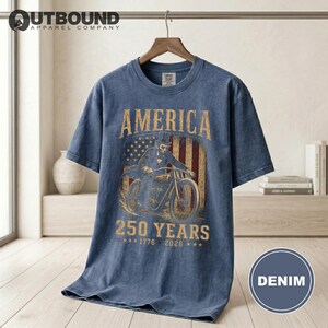 Denim t-shirt with "America 250 Years" and motorcycle graphic.