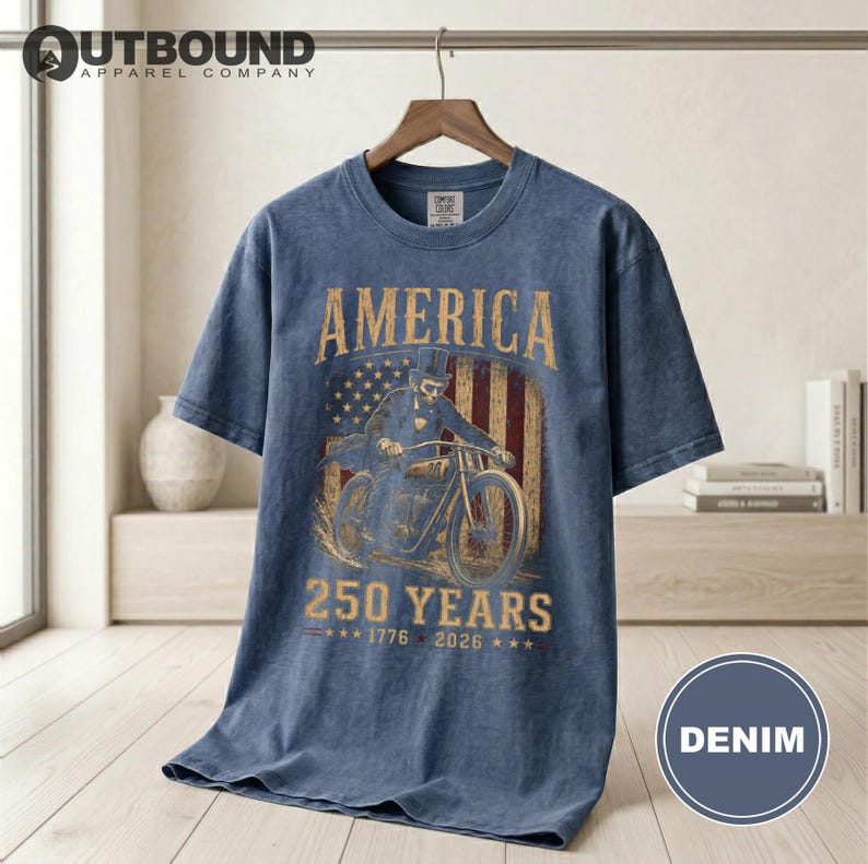 Denim t-shirt with "America 250 Years" and motorcycle graphic.