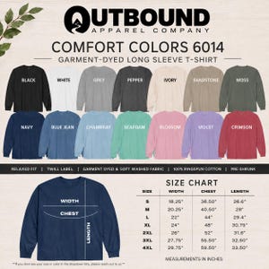 Comfort Colors 6014 long sleeve t-shirt color and size chart.