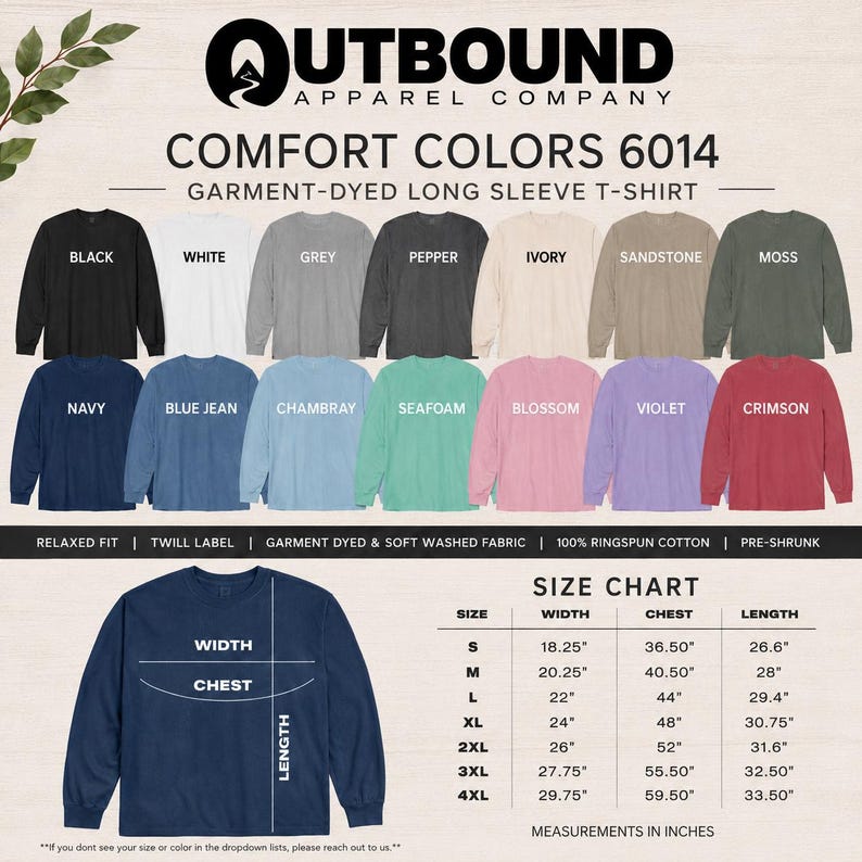 Comfort Colors 6014 long sleeve t-shirt color and size chart.