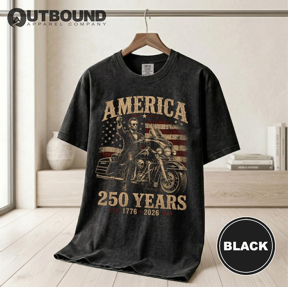 America 250 T-Shirt, Lincoln Biker Patriotic Shirt, Vintage Americana Independence Day Tee, 1776 2026 Freedom Rider Gift for Him