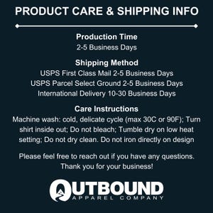 Product care and shipping information, including production time, shipping methods, and care instructions.