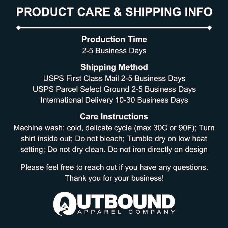 Product care and shipping information, including production time, shipping methods, and care instructions.