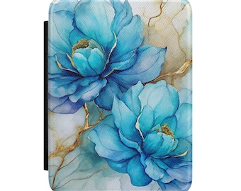 Capa para Kindle com estampa floral azul em aquarela | Capa para e-reader com peônia turquesa - Dia das Mães