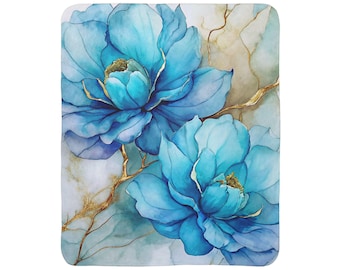 Blue Floral Watercolor Peonies Fleece Sherpa Blanket | Teal Blossom Throw Mother's Day gift