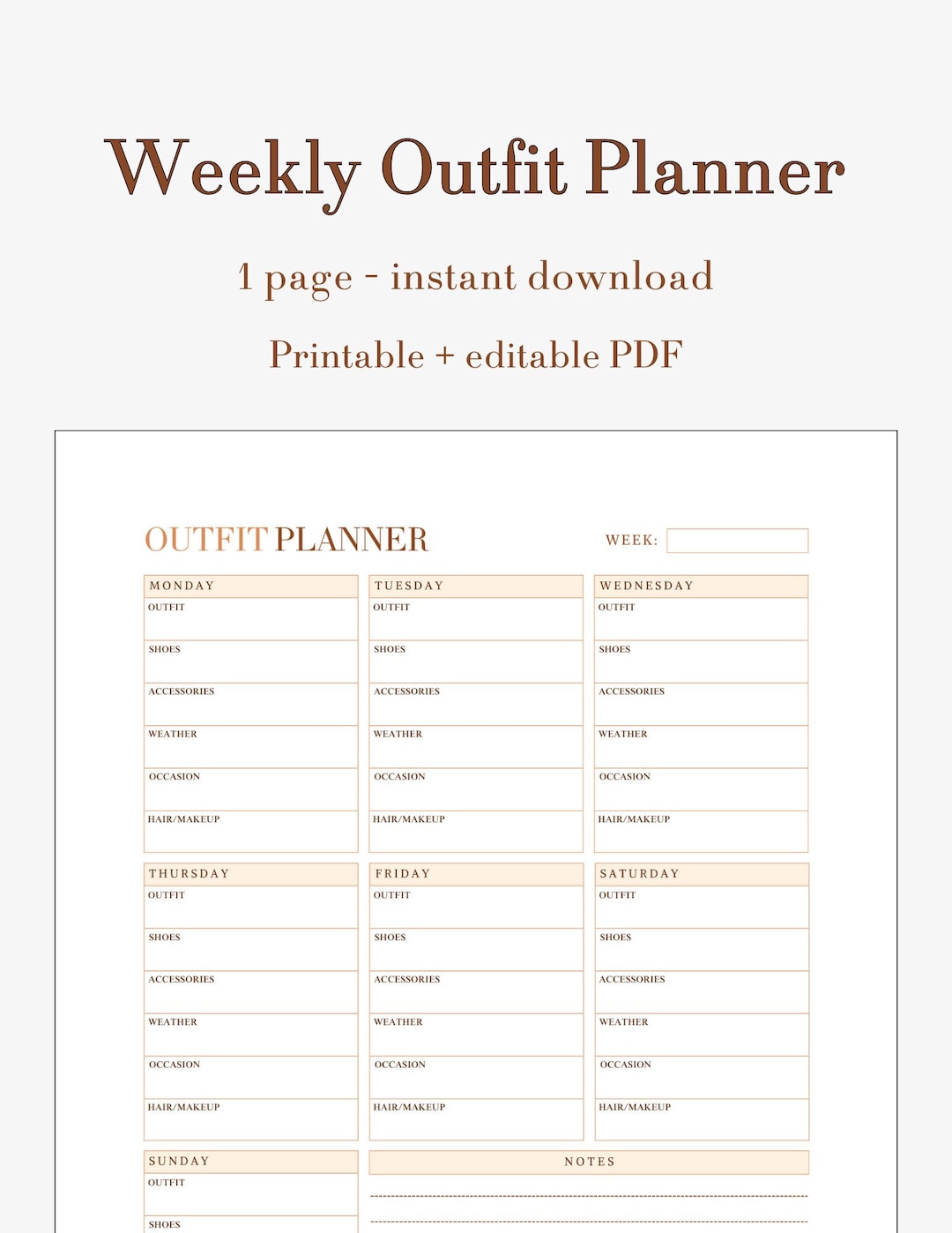 Weekly Outfit Planner Printable PDF Download Travel, Vacation, Packing
