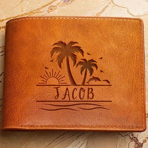 Cartera de cuero con paisaje de playa, cartera hecha a mano con océano, regalo personalizado, tema de playa de aniversario, regalo de Navidad, cartera premium personalizada
