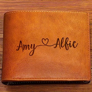 Billetera con nombres de pareja, billetera personalizada, billetera de cuero personalizada, regalo para él, regalo para novio, regalo de San Valentín, recuerdo de amor