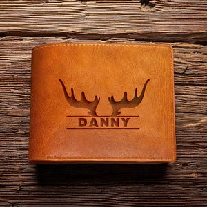 Cartera de cuero genuino personalizada para caza de ciervos para hombres. Regalo del Día del Padre para la caza de ciervos. Cartera de cuero personalizada con bloqueo RFID para hombres