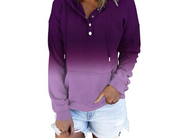 2023 Hooded Button Collar Drawstring Hoodies Pullover Sweatshirts Casual Long Sleeve Tops Shirts V Neck Blouses Shirts Womens Tops Blouses